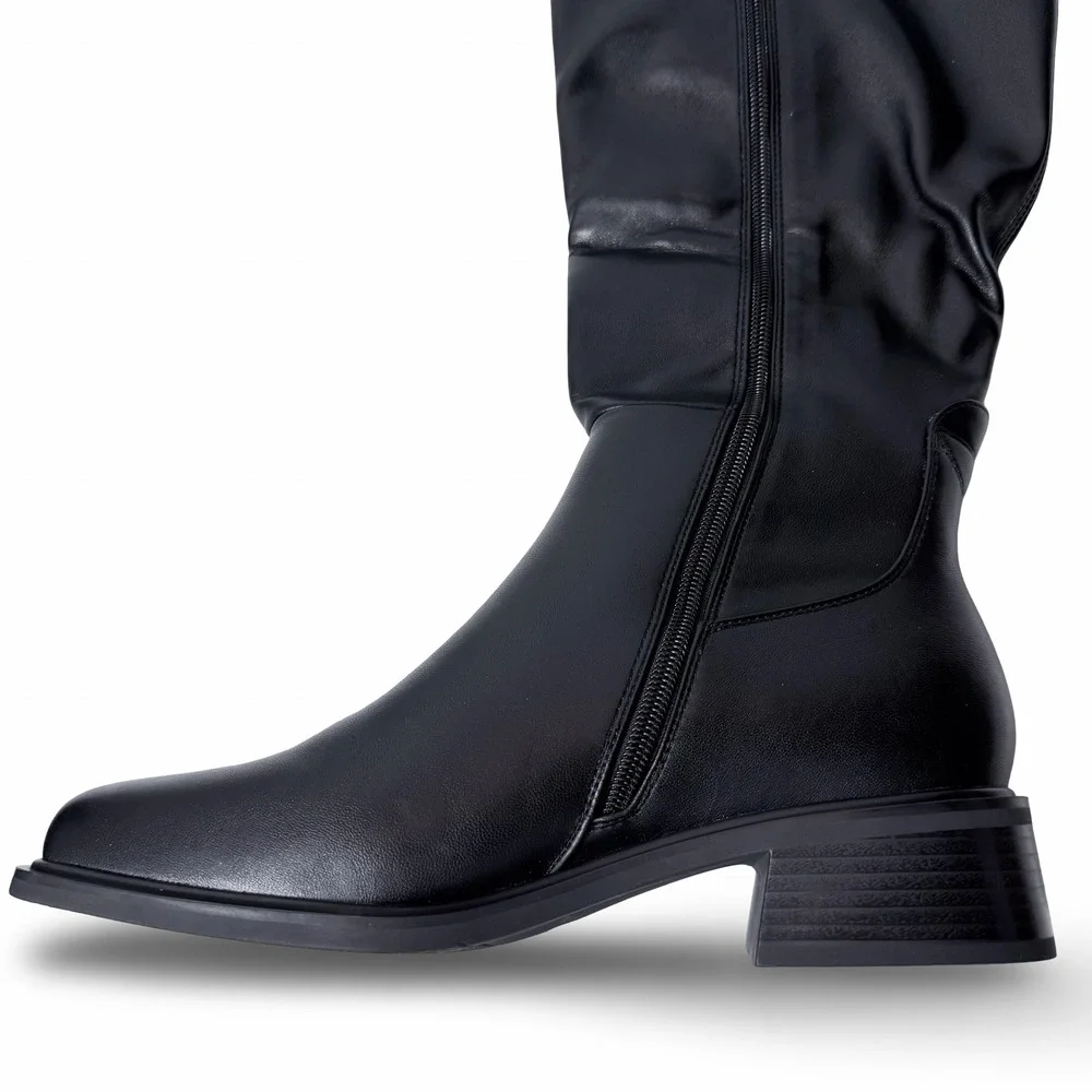 QIY Black PU Knee High Square Toe Block Heel Slouchy Boots Womens 9.5 New